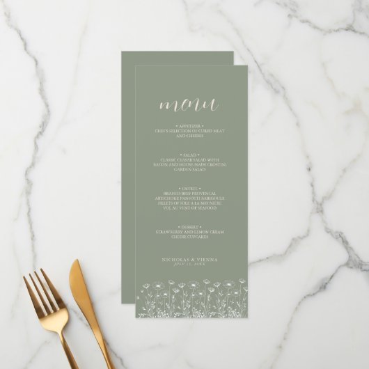 Elegante Sage Green Minimalist Boho Floral Wedding Menu (Voorkant / Achterkant in situ)