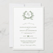 Elegante Sage Green Monogram Crest QR Code Huwelij Kaart (Voorkant)