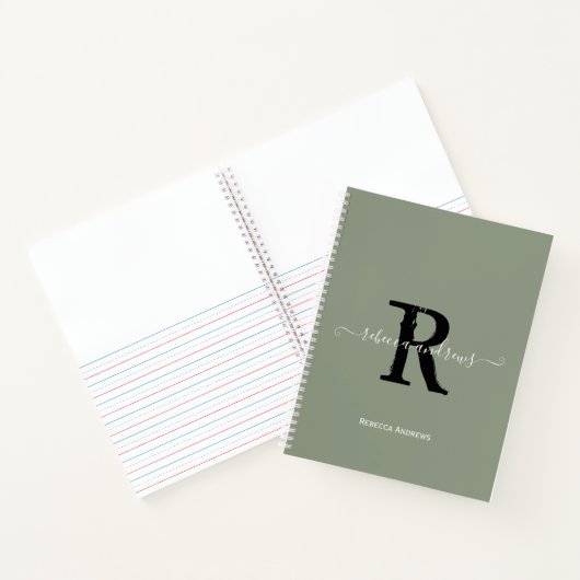 Elegante Sage Green Monogram Script Initiaal Sketc Notitieboek (Binnen)