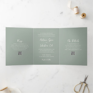 Elegante Sage Green QR Code Moderne bruiloft Drieluik Uitnodiging