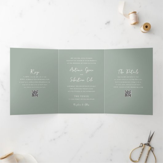Elegante Sage Green QR Code Moderne bruiloft Drieluik Uitnodiging (Binnen)