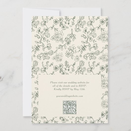Elegante Sage Green QR Code RSVP Victoriaans bruil Kaart (Achterkant)