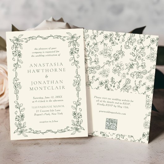 Elegante Sage Green QR Code RSVP Victoriaans bruil Kaart