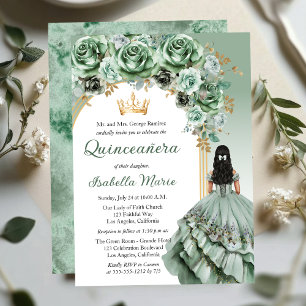 Elegante Sage Green Roos Floral Quinceañera Party Kaart