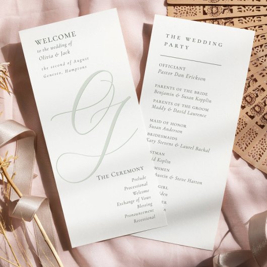 Elegante Sage Green Script Modern Wedding Program