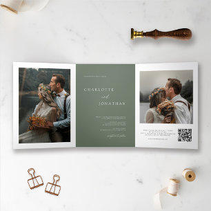 Elegante Sage Green Wedding RSVP Details Foto Drieluik Uitnodiging