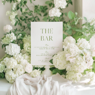 Elegante Sage Green & White Wedding Bar Sign Kaart