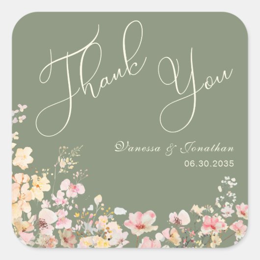 Elegante Sage Green Wildflower Bedankt Vierkante Sticker (Voorkant)