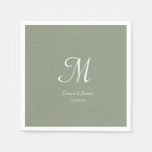 Elegante Sage Groen & Wit Monogram Trouwfeest Servet (Voorkant)
