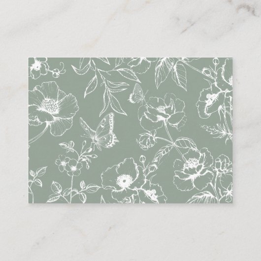 Elegante Sage Groene Bloementuin Bruiloft Details Informatiekaartje (Achterkant)