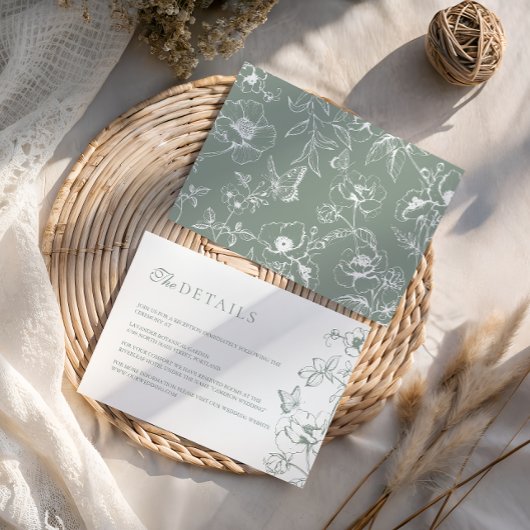 Elegante Sage Groene Bloementuin Bruiloft Details Informatiekaartje