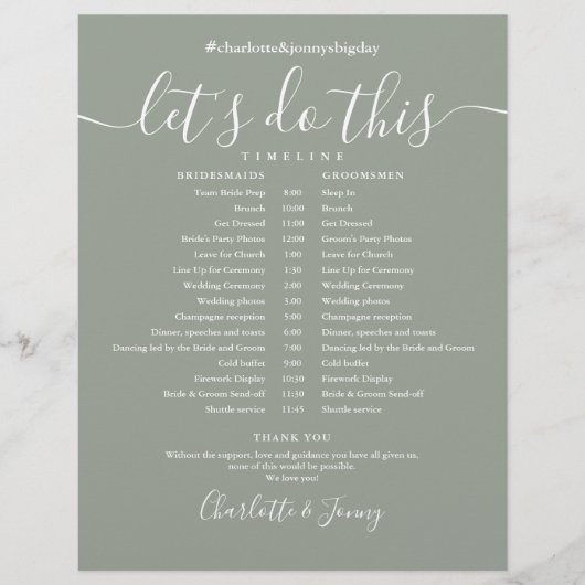 Elegante Sage Groene Bruiloft Schema Tijdlijn (Voorkant)