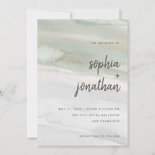 Elegante Sage Groene en Grijze Waterverf | Bruilof Kaart (Voorkant)