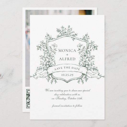 Elegante Sage Groene Franse Tuin Huwelijk QR code Save The Date (Voorkant / Achterkant)