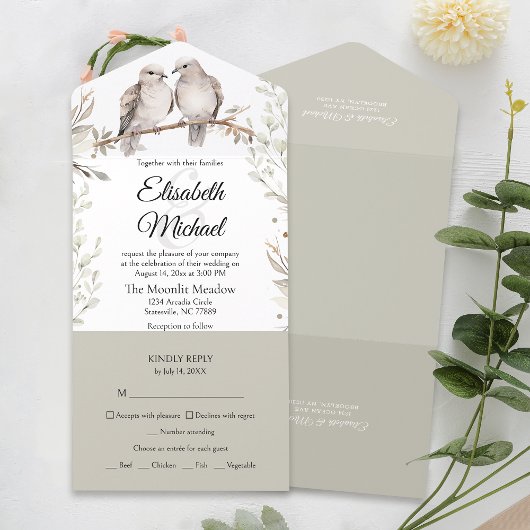 Elegante Sage Groene Maaltijd Entree Bruiloft RSVP All In One Uitnodiging