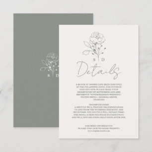 Elegante Sage Groene Monogram Bruiloft Details Informatiekaartje