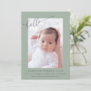 Elegante Sage Minimalistische Hello Baby Foto Gebo Aankondiging