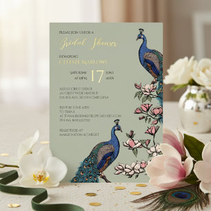 Elegante Salie Bloemrijke Pauw Bruidsdiner Folie Uitnodiging