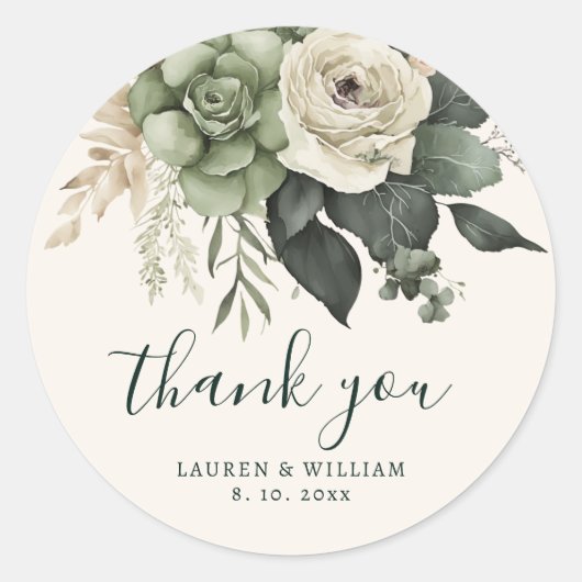 Elegante Salie en Ivoor Bloemen Bruiloft Dank u Ronde Sticker (Voorkant)