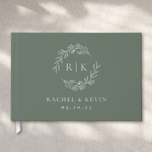 Elegante Salie en Zilveren Blad Monogram Bruiloft Gastenboek