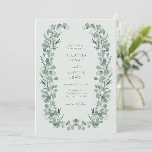 Elegante Salie Eucalyptus bruiloft uitnodiging (Staand voorkant)