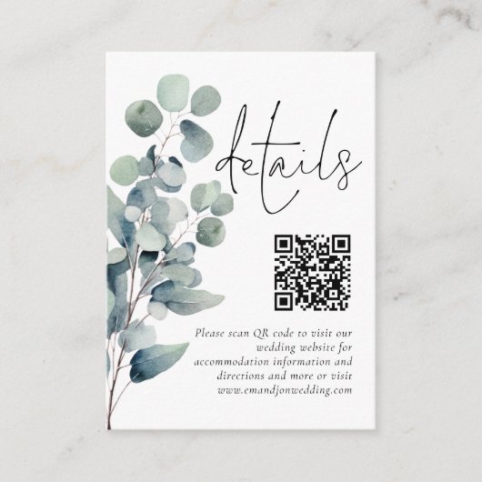 Elegante Salie Eucalyptus QR Code Bruiloft Details Informatiekaartje (Voorkant)