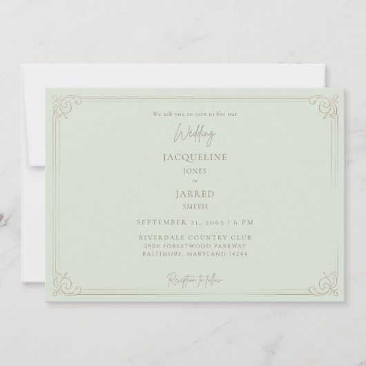 Elegante Salie Gouden Frame Huwelijk Kaart (Voorkant)