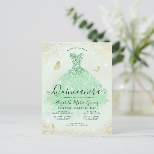 Elegante Salie Groen Goud Glitter Gown Quinceanera Briefkaart (Staand voorkant)