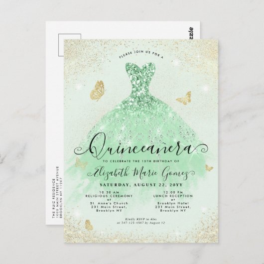 Elegante Salie Groen Goud Glitter Gown Quinceanera Briefkaart (Voorkant / Achterkant)