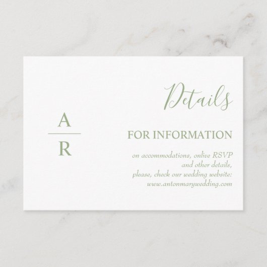 Elegante salie groene initialen online details bru informatiekaartje (Voorkant)