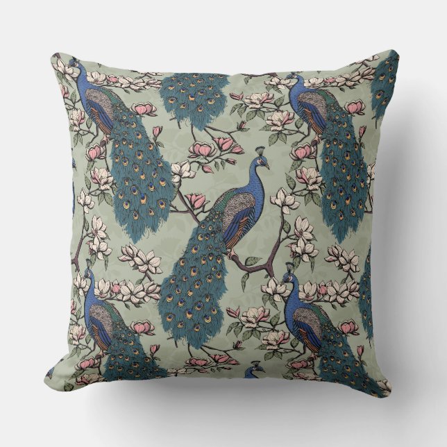 Elegante salie pauwen, magnolia bloemen, takken kussen (Voorkant)