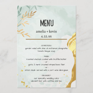 Elegante salieblauwe en gouden huwelijksmenu menu
