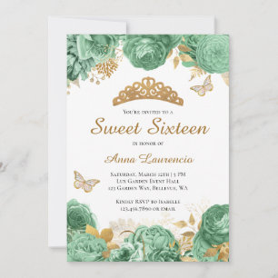 Elegante saliegroen gouden bloemige Sweet 16 Zesti Kaart