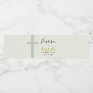 Elegante Saliegroen Gouden Minimale Kruis Doop Waterfles Etiket