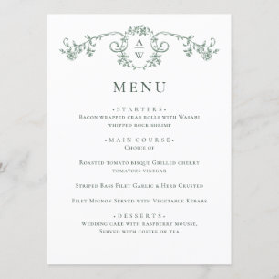 Elegante saliegroen vintage tuinvloemen bruiloft menu