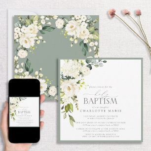 Elegante Saliegroen Waterverf Bloem Doop Kaart