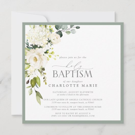 Elegante Saliegroen Waterverf Bloem Doop Kaart (Voorkant)