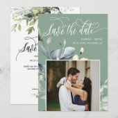 Elegante saliegroene bladeren QR-code foto bruilof Save The Date (Voorkant / Achterkant)