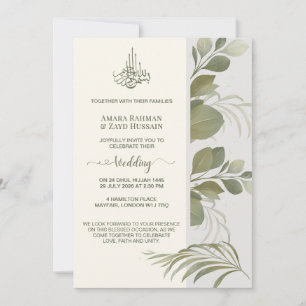 Elegante saliegroene bladervulling trouwuitnodigin kaart