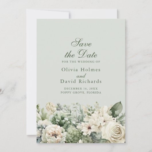 Elegante saliegroene bloemen save the date kaart (Voorkant)