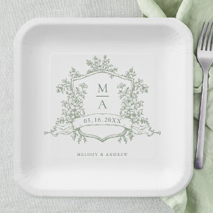 Elegante Saliegroene Bloemenkam Kroon Monogram Bru Papieren Bordje