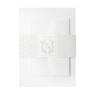 Elegante saliegroene bloemenkroon monogram bruilof uitnodigingen wikkel