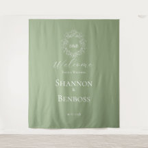 Elegante Saliegroene Bloemige Monogram Bruiloft We