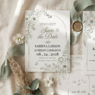 Elegante saliegroene bloemsave the date kaart
