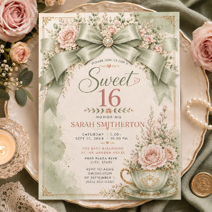 Elegante Saliegroene Blush Coquette Strik Zweet 16 Kaart