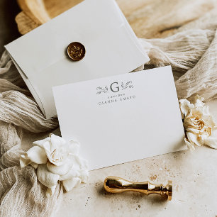Elegante saliegroene botanische monogram & naam notitiekaartje