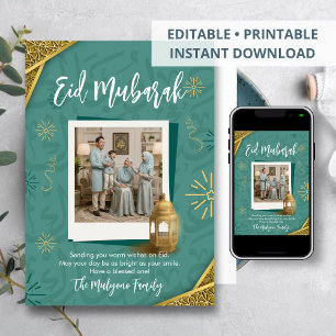 Elegante Saliegroene en Gouden Eid Mubarak Fotokaa Feestdagenkaart