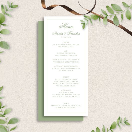 Elegante saliegroene en witte rand script bruiloft menu