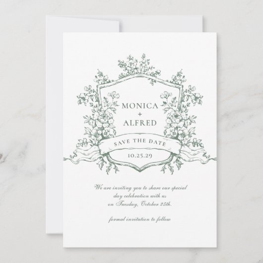 Elegante saliegroene Franse tuinhuwelijk QR-code Save The Date (Voorkant)