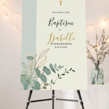Elegante saliegroene gouden eucalyptus doop welkom